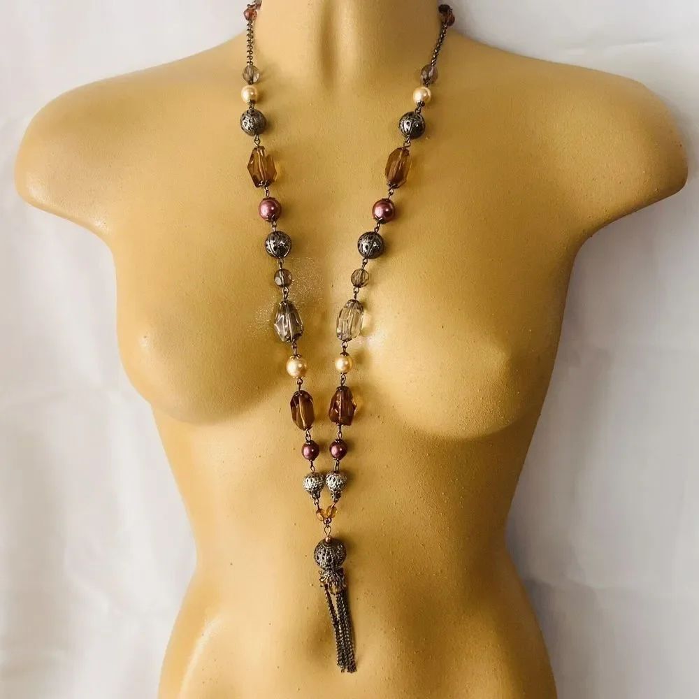 Silver Tone Tassel Necklace Filigree Beads Molded Plastic Beads Faux Pearl 1458